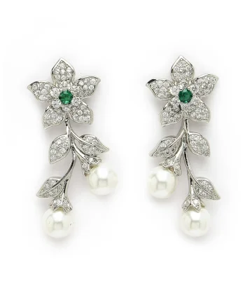 Cercei drop cu design floral si zirconia cubica, Alb/Verde/Argintiu