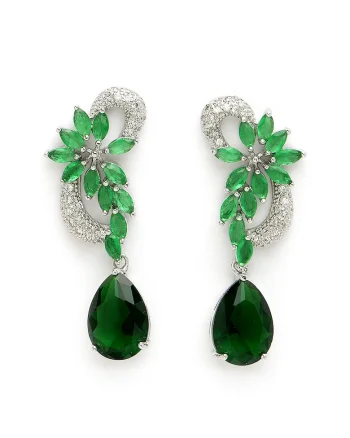 Cercei drop cu cristale, Verde/Argintiu/Transparent