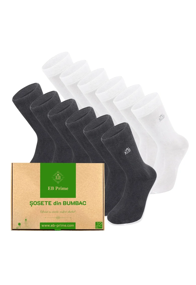 Set 12 perechi, Sosete clasice din bumbac pieptanat, Cutiuta "Rezerva Lunara"  fara cusatura, respirabile si confortabile, Alb/Gri