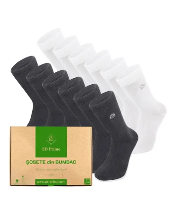 Set 12 perechi, Sosete clasice din bumbac pieptanat, Cutiuta "Rezerva Lunara"  fara cusatura, respirabile si confortabile, Alb/Gri