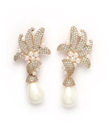 Cercei drop cu zirconia, Alb/Auriu
