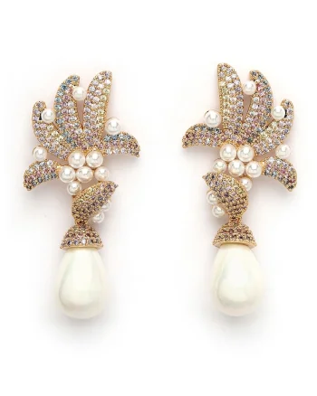 Cercei drop cu zirconia, Alb/Auriu