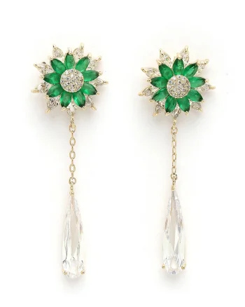 Cercei drop cu design floral, Verde/Auriu