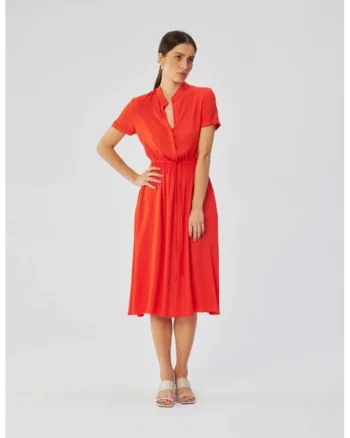 Rochie midi din vascoza cu cordon in talie,, Portocaliu
