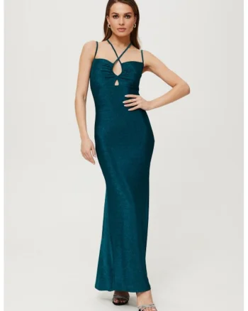 Rochie maxi metalica cu cravata la decolteu,, Albastru