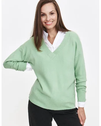 Pulover cu decolteu in V si maneci cazute, Verde pal