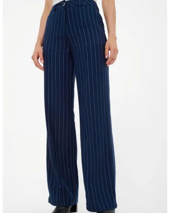 Pantaloni cu dungi si talie inalta, Bleumarin