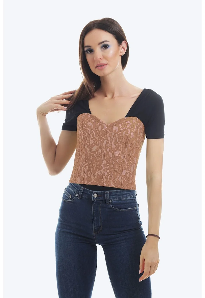 Corset din dantela cu detaliu cu siret, Roz prafuit