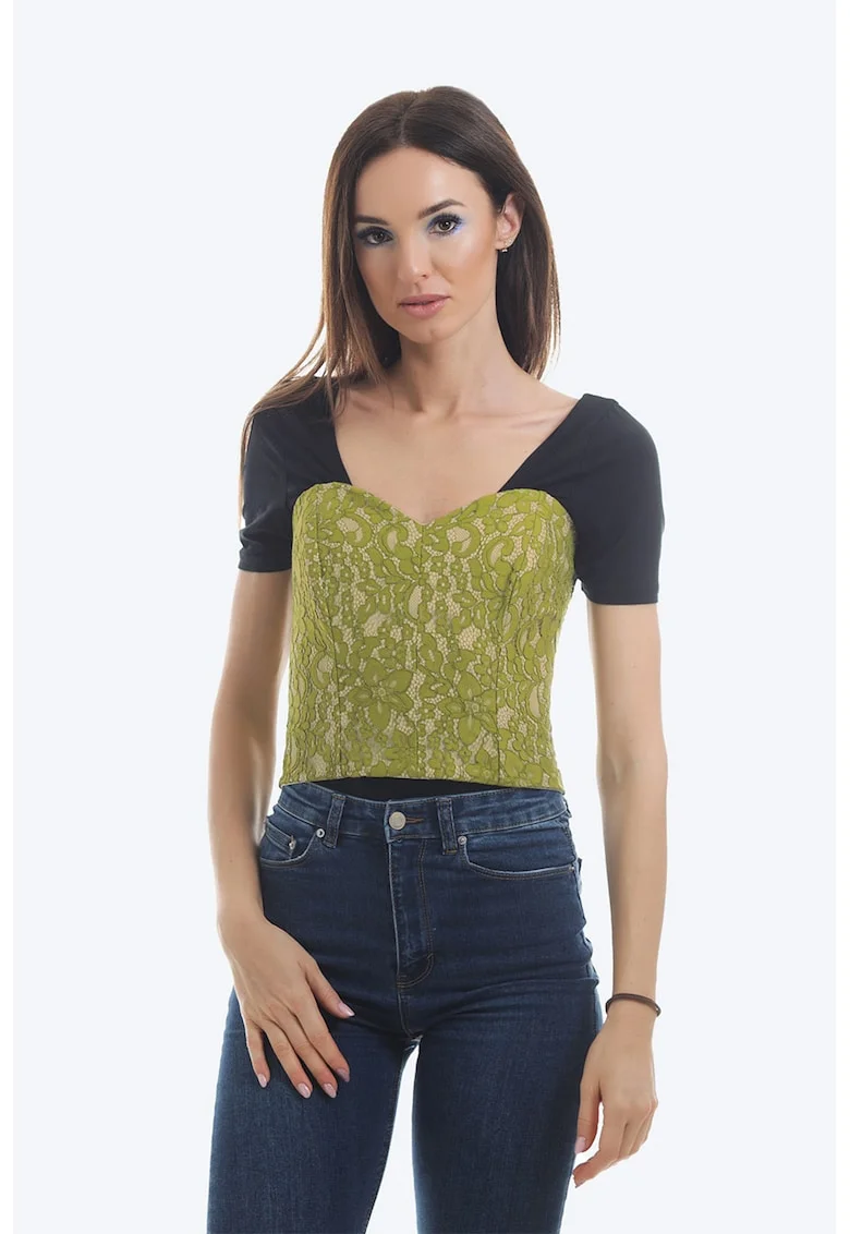 Corset din dantela cu detaliu cu siret, Verde