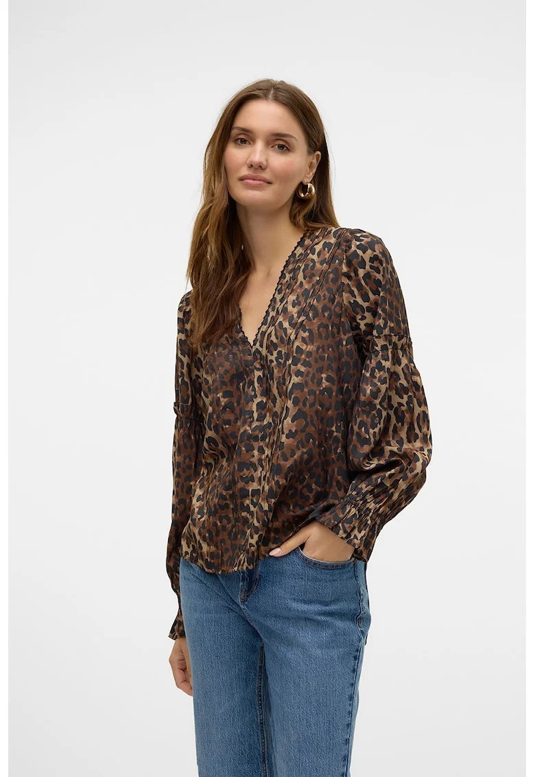 Bluza cu animal print si decolteu in V, Negru/Caramel