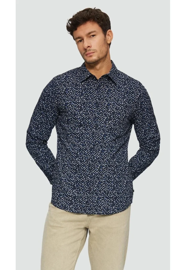 Camasa barbati cu maneca lunga, imprimeu cu picatele si croiala Slim fit,, Bleumarin
