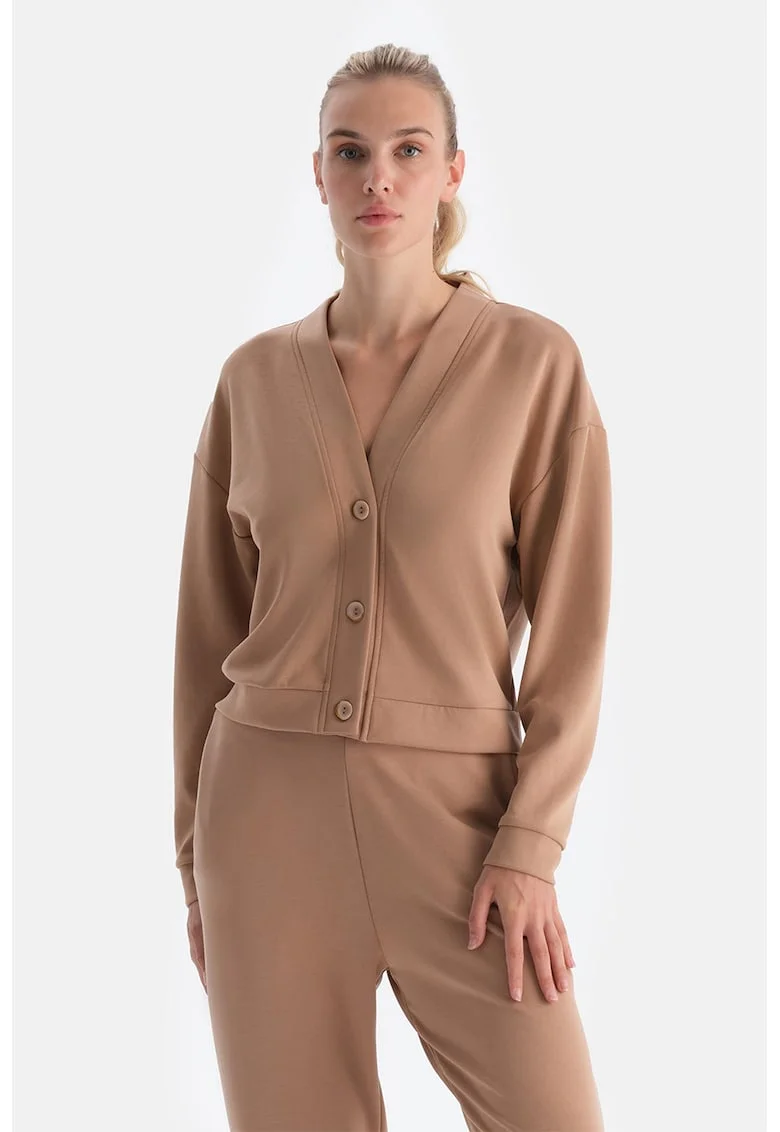 Bluza de trening cu decolteu in V cu maneci cazute, Maro camel
