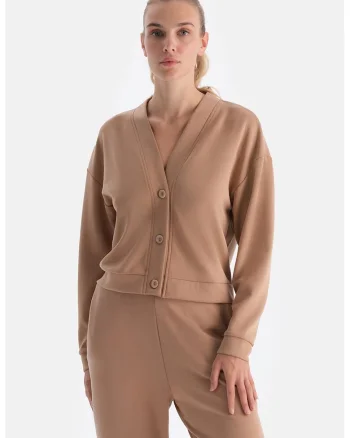 Bluza de trening cu decolteu in V cu maneci cazute, Maro camel