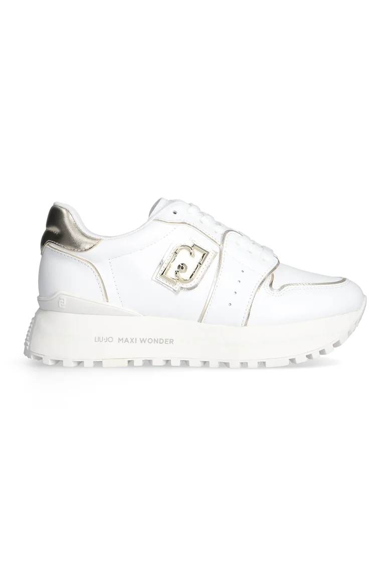 Pantofi sport din piele si piele ecologica cu talpa flatform, Alb/Auriu