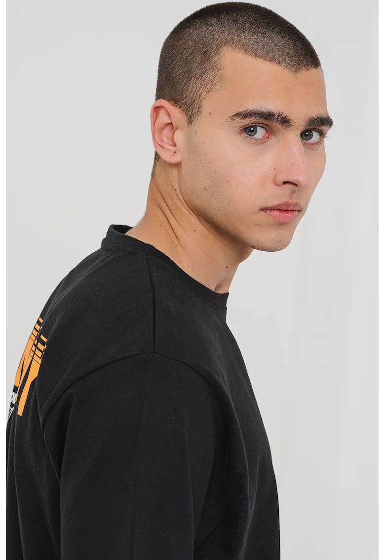 Tricou cu decolteu la baza gatului si imprimeu text, Negru/Portocaliu