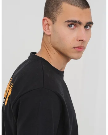 Tricou cu decolteu la baza gatului si imprimeu text, Negru/Portocaliu