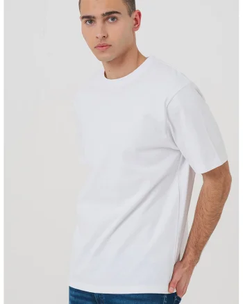Tricou cu decolteu la baza gatului si imprimeu text, Alb/Albastru