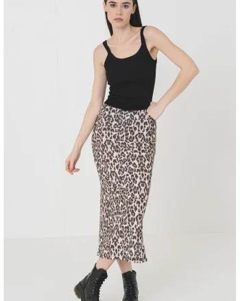 Fusta midi cu model animal print, Maro/Galben