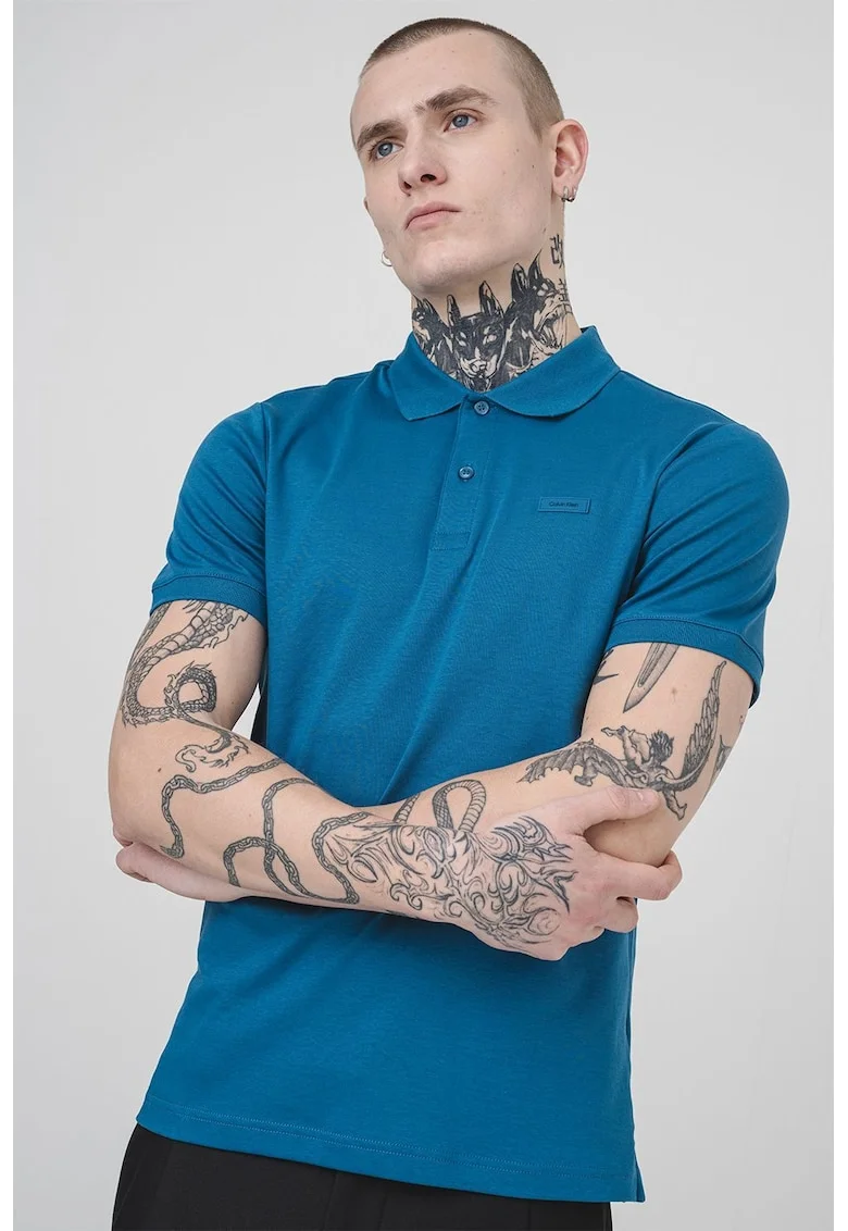 Tricou polo slim fit de bumbac organic, Albastru petrol