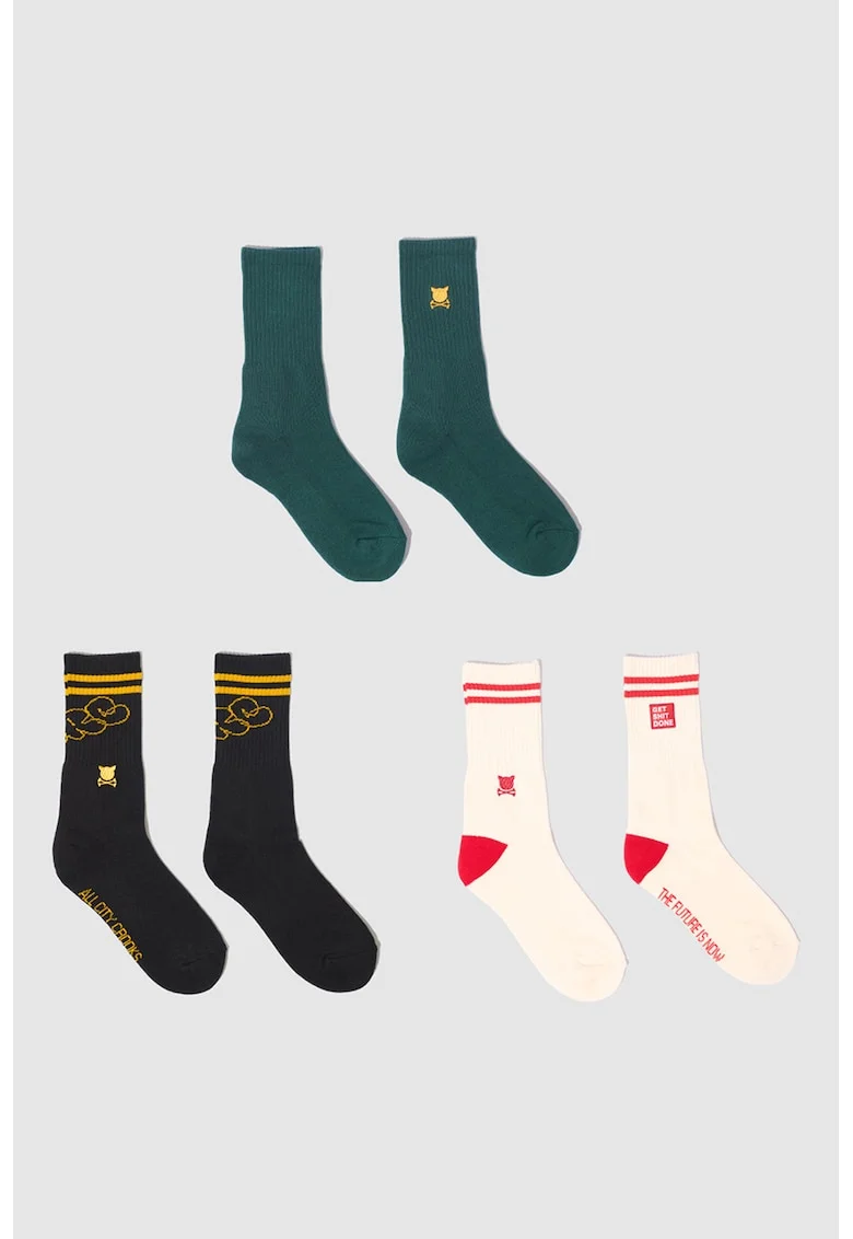 Set de sosete lungi unisex cu striatii - 3 perechi, Alb/Negru/Verde englez