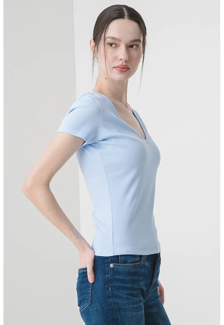 Tricou slim fit cu decolteu in V, Albastru pastel