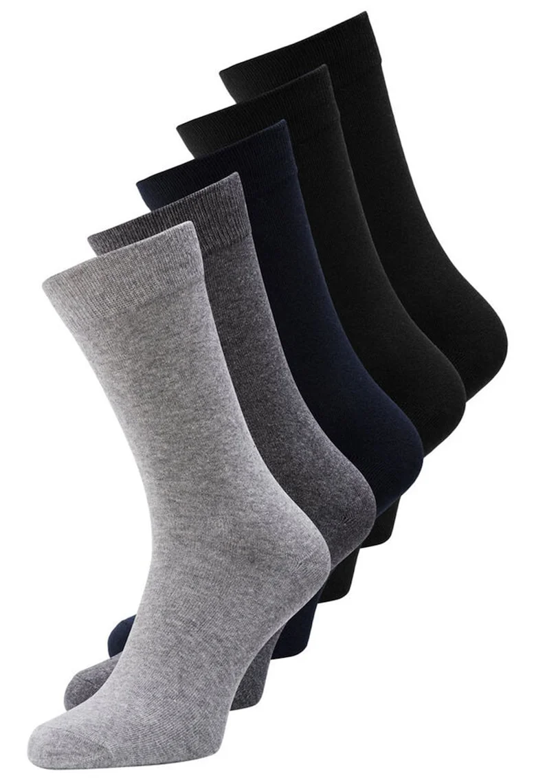 Jack&Jones, Set de sosete lungi, din amestec de bumbac - 5 perechi, Negru/Gri melange