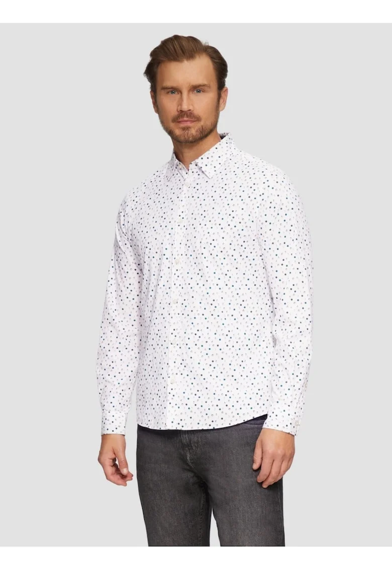 Camasa barbati cu maneca lunga, croiala Slim fit si imprimeu cu fazele luni,  Alb