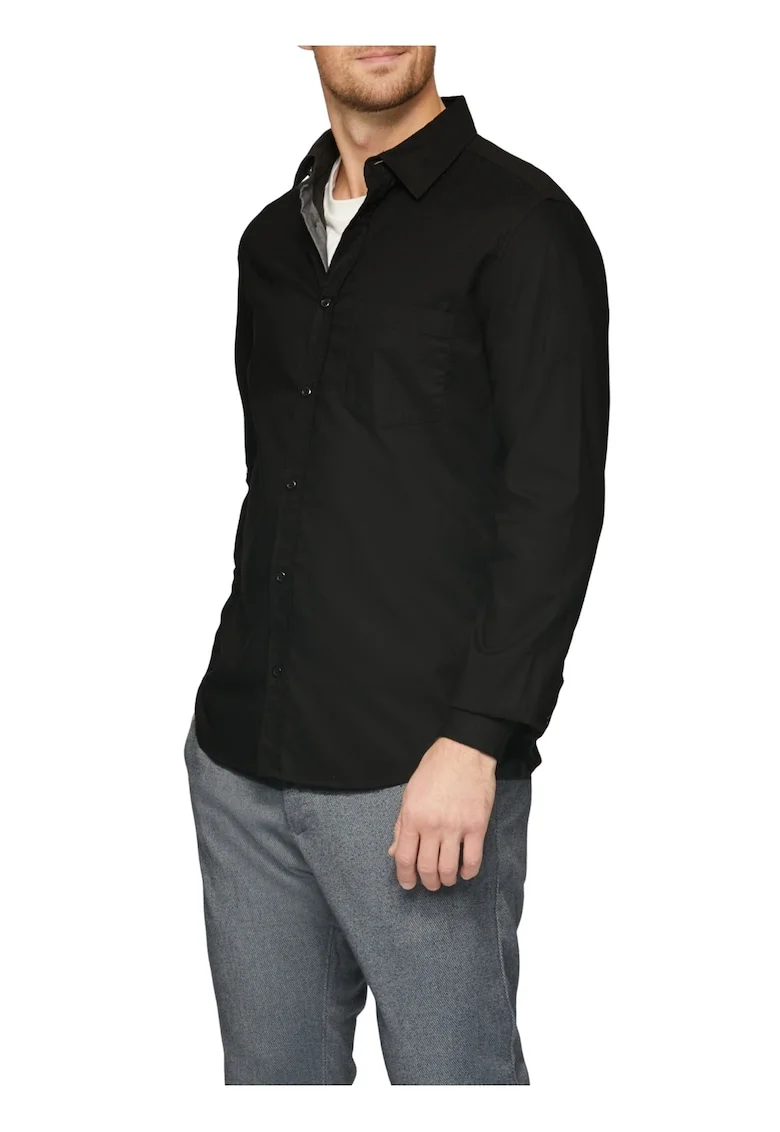 Camasa barbati cu maneca lunga din amestec de bumbac si elastan, croiala Slim fit,  Negru