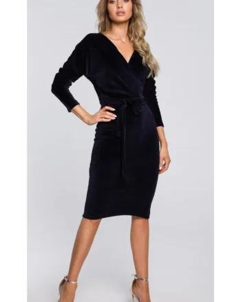 Rochie din catifea cu partea de sus invelita si curea - negru, Albastru
