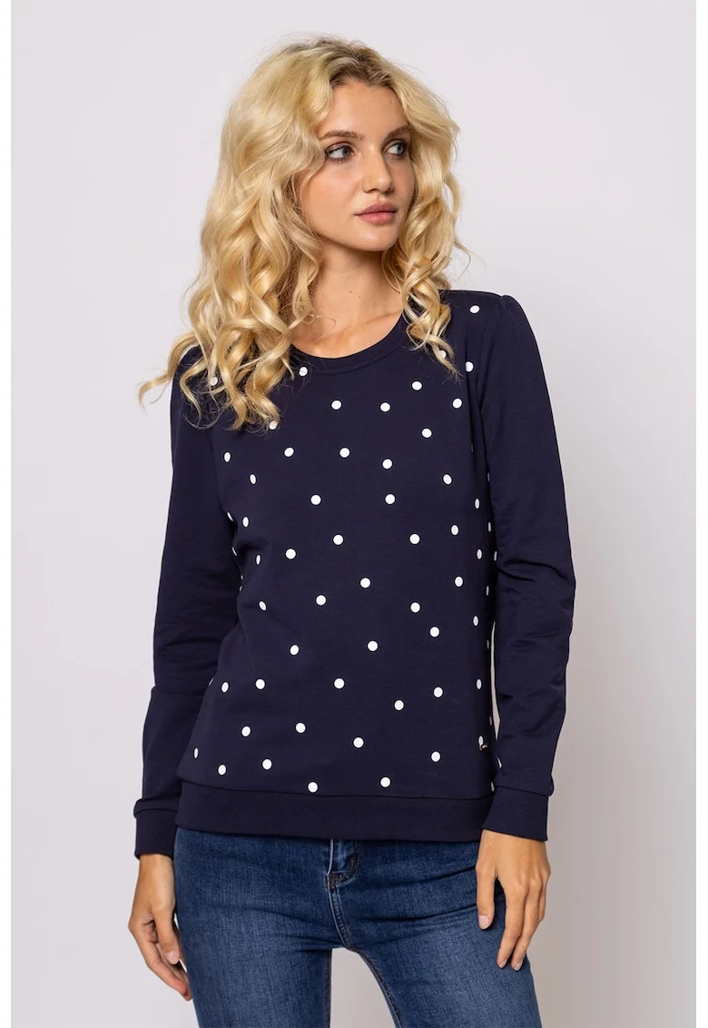 Bluza de trening cu imprimeu si buline, Alb/Bleumarin