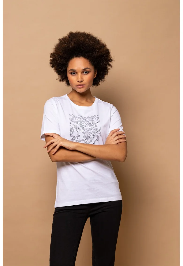 Tricou cu decolteu la baza gatului si strasuri Mandra, Alb/Argintiu