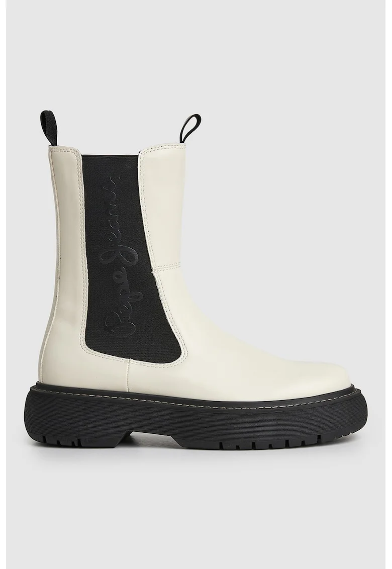 Ghete Chelsea de piele ecologica cu logo, Alb/Negru