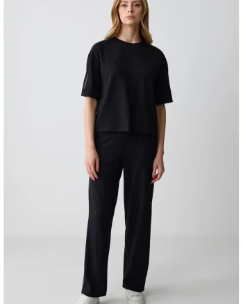 Pantaloni drepti din amestec de modal cu talie inalta, Negru