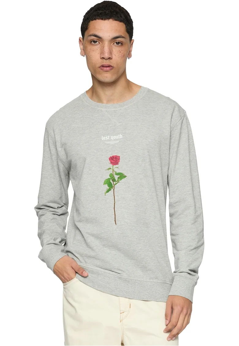 Bluza de trening cu imprimeu si decolteu la baza gatului, Gri deschis melange