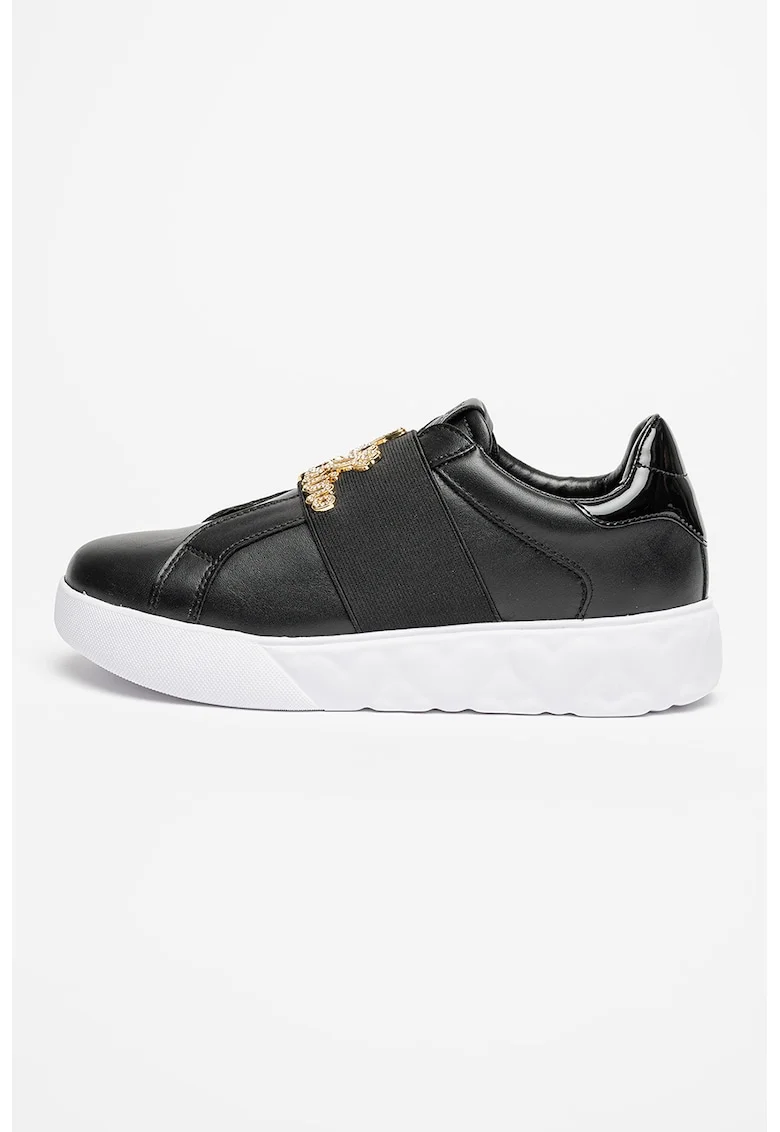 Pantofi sport de piele cu logo din strasuri, Auriu/Negru/Alb murdar