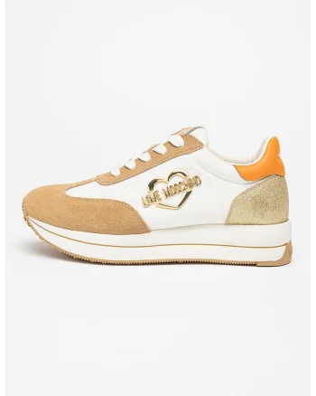 Pantofi sport low-cut cu logo si garnituri din piele intoarsa, Bej/Portocaliu mandarina/Alb murdar