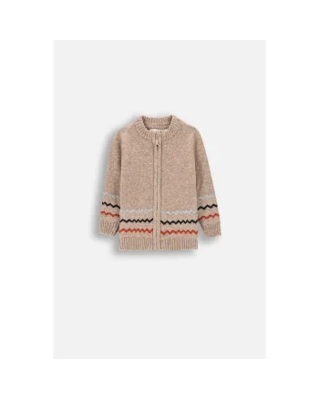 Cardigan cu fermoar si motive decorative Chevron, Maro deschis