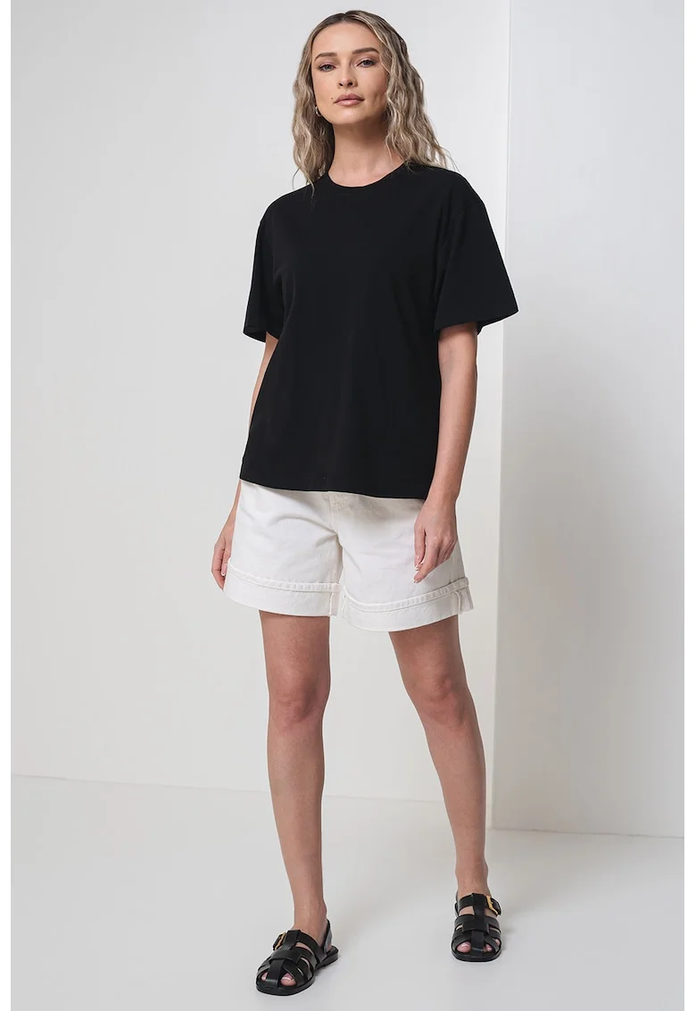 Tricou din bumbac cu decolteu la baza gatului, Negru