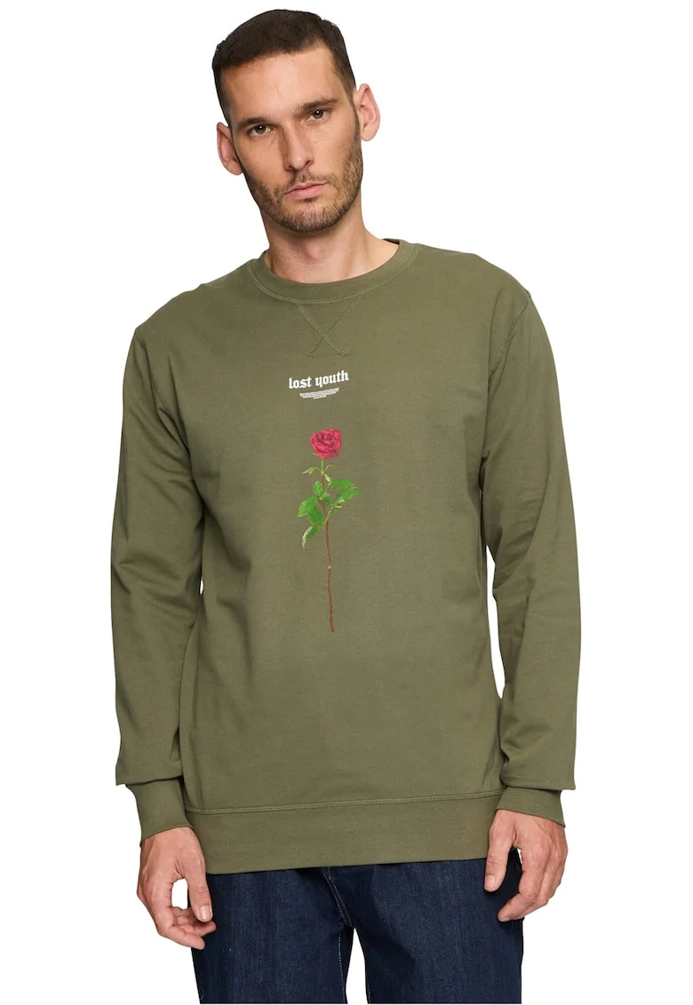 Bluza de trening cu imprimeu si decolteu la baza gatului, Verde masliniu