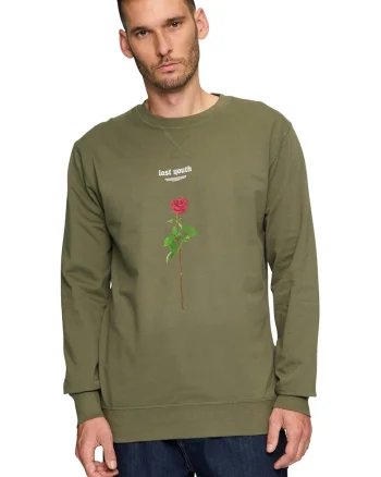 Bluza de trening cu imprimeu si decolteu la baza gatului, Verde masliniu