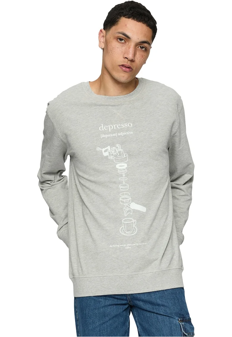 Bluza de trening unisex cu imprimeu si decolteu la baza gatului, Gri deschis melange