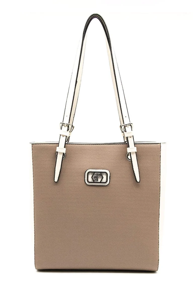 Geanta shopper de piele ecologica, Alb fildes/Maro deschis