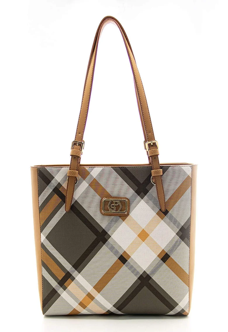 Geanta shopper de piele ecologica in carouri, Alb/Gri/Caramel