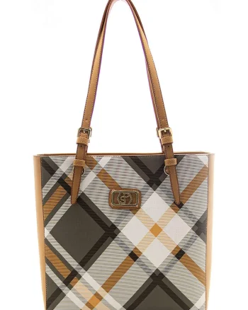 Geanta shopper de piele ecologica in carouri, Alb/Gri/Caramel