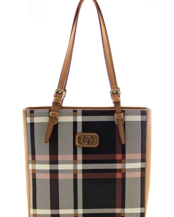 Geanta shopper de piele ecologica cu model in carouri, Maro/Bej/Negru stins