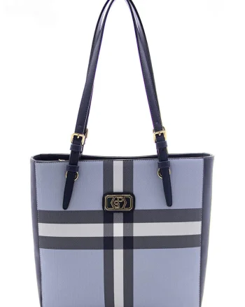 Geanta shopper de piele ecologica cu model in carouri, Alb/Albastru deschis/Bleumarin