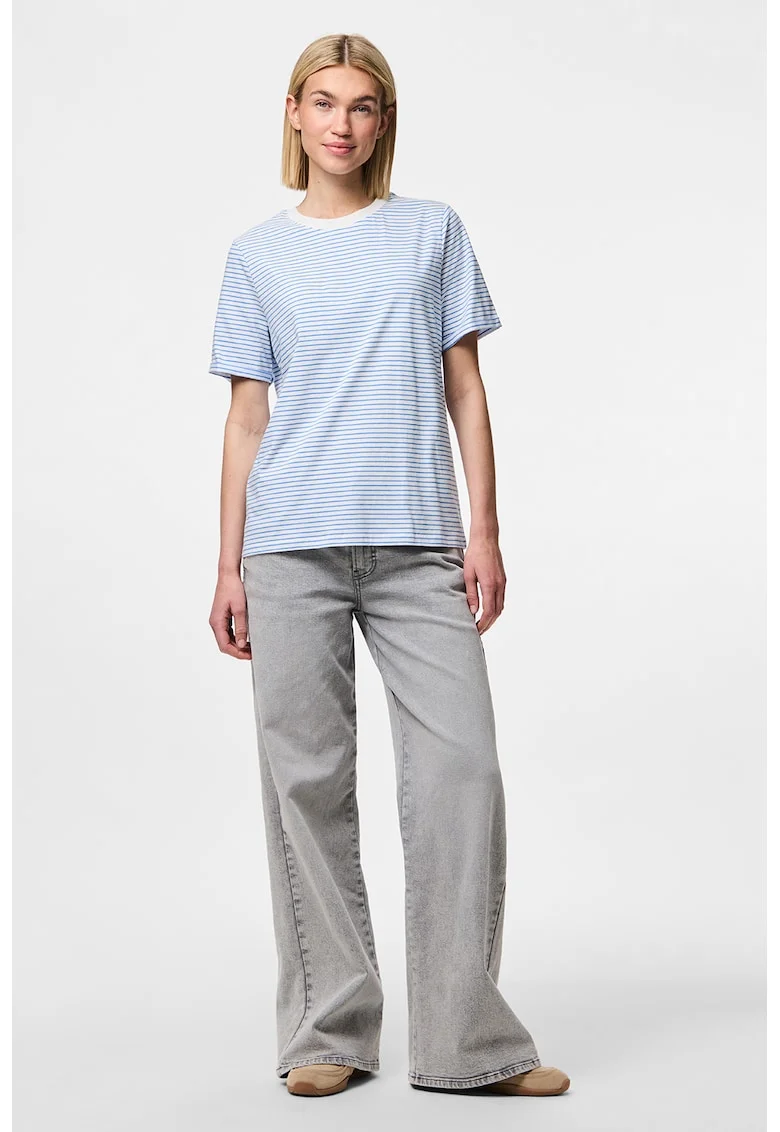 Tricou de bumbac organic cu decolteu la baza gatului, Alb/Albastru azur