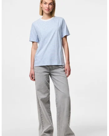 Tricou de bumbac organic cu decolteu la baza gatului, Alb/Albastru azur