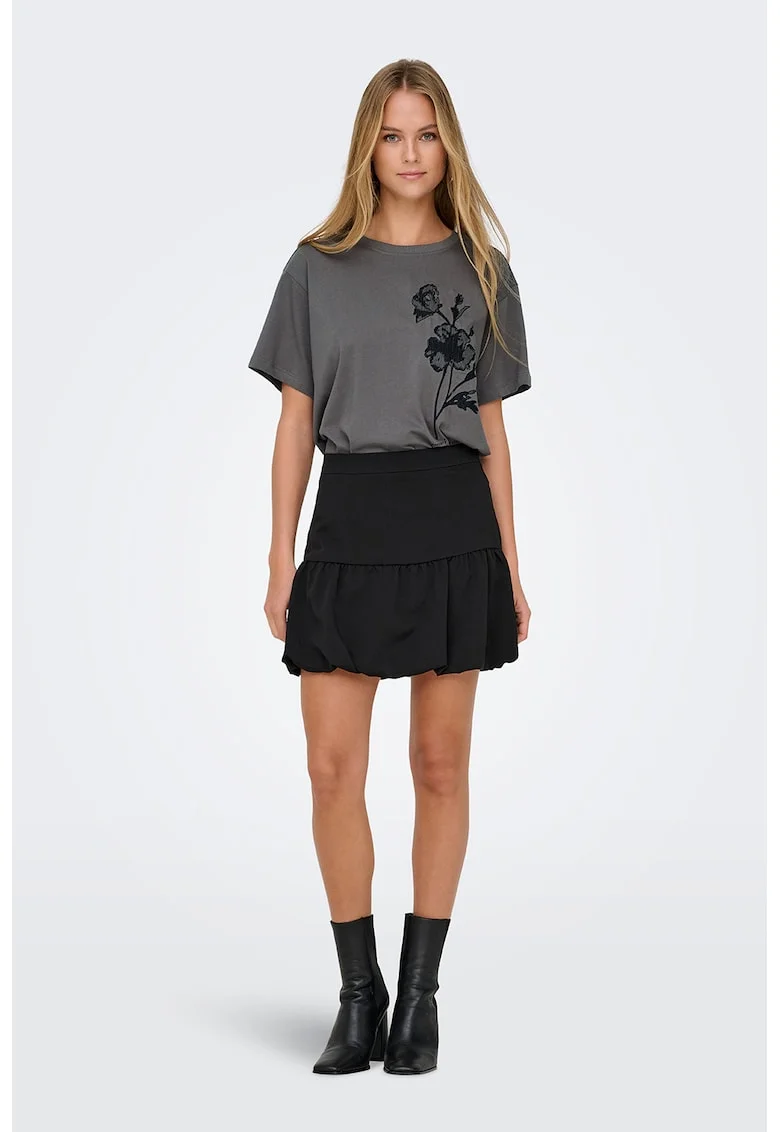 Tricou de bumbac organic cu broderie florala, Gri inchis