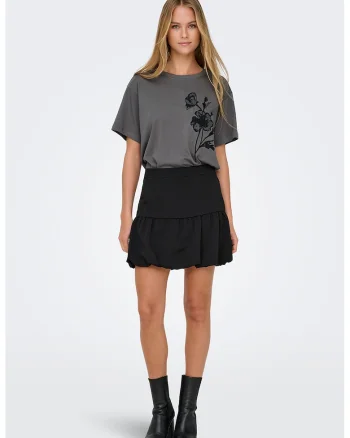 Tricou de bumbac organic cu broderie florala, Gri inchis